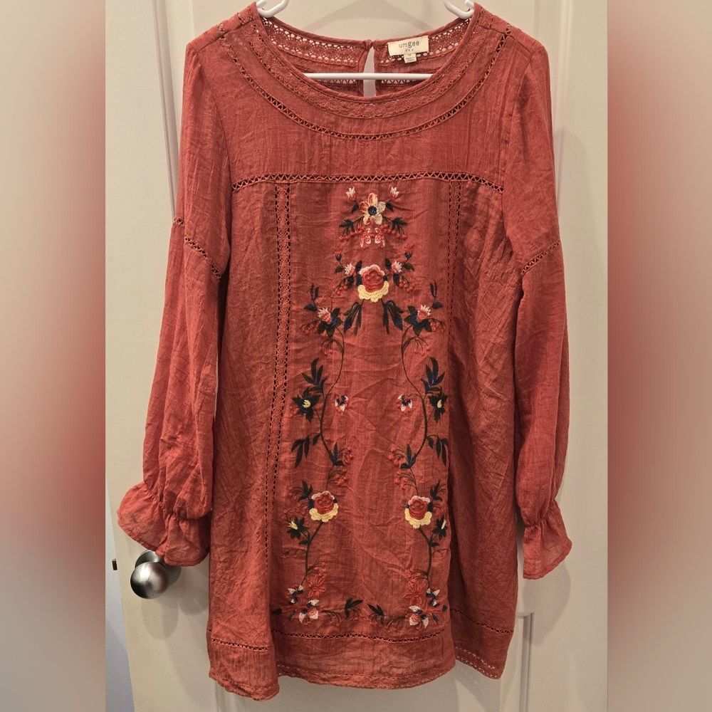 Umgee Rust Orange Embroidered Mini Dress